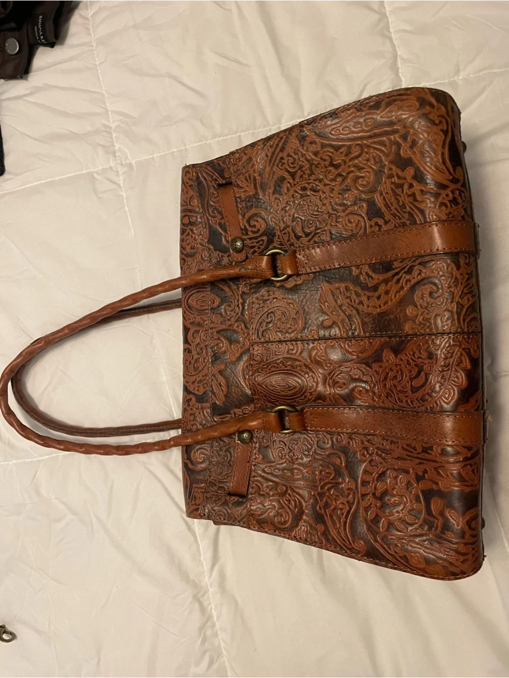 Patricia Nash Embossed Leather Tassel Satchel - Cognac Brown